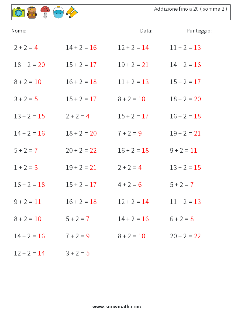 (50) Addizione fino a 20 ( somma 2 ) Fogli di lavoro di matematica 3 Domanda, Risposta
