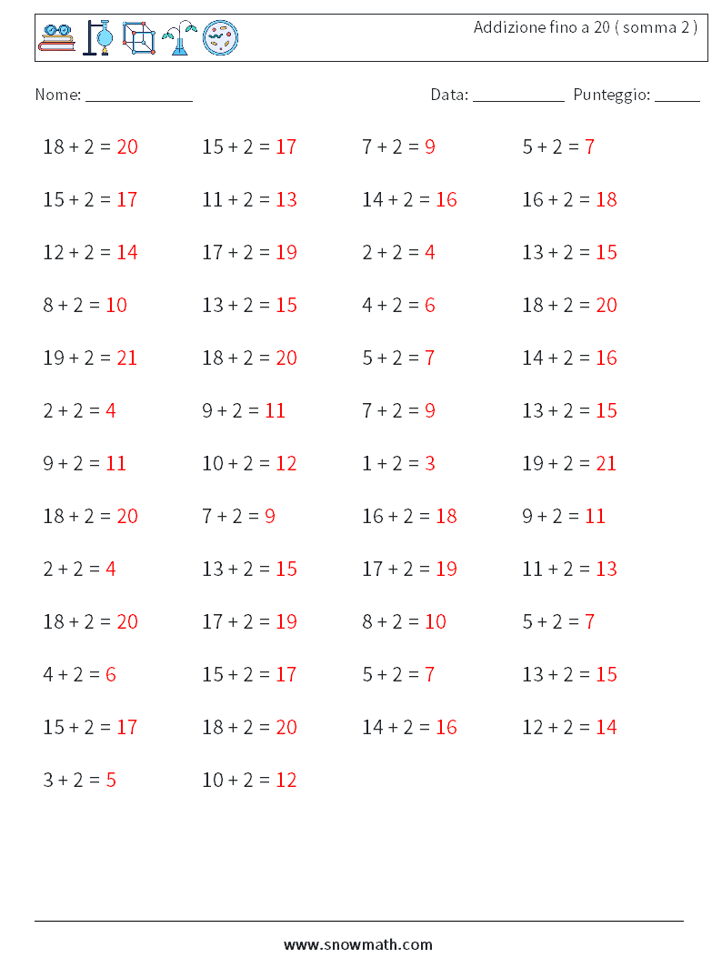 (50) Addizione fino a 20 ( somma 2 ) Fogli di lavoro di matematica 4 Domanda, Risposta