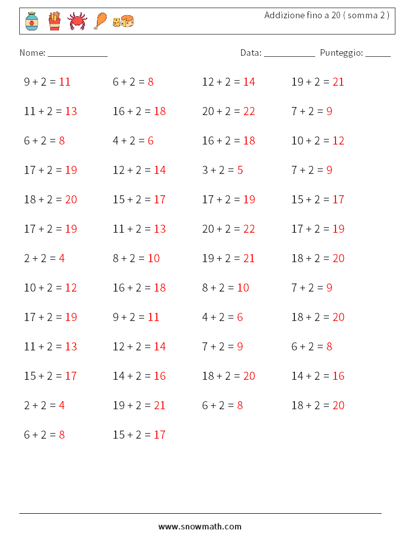 (50) Addizione fino a 20 ( somma 2 ) Fogli di lavoro di matematica 5 Domanda, Risposta