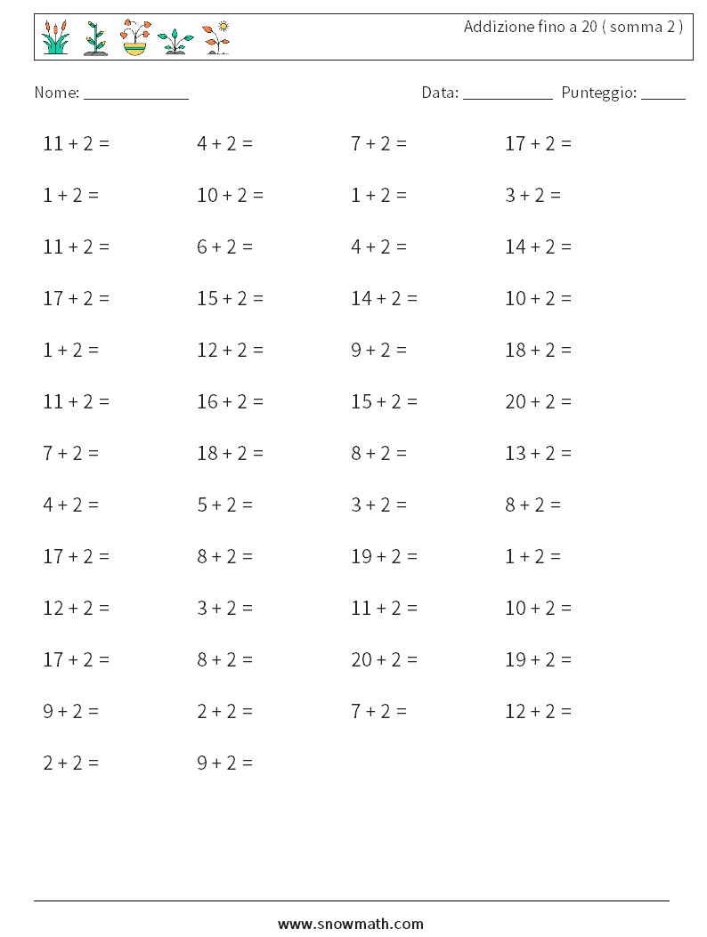 (50) Addizione fino a 20 ( somma 2 ) Fogli di lavoro di matematica 6
