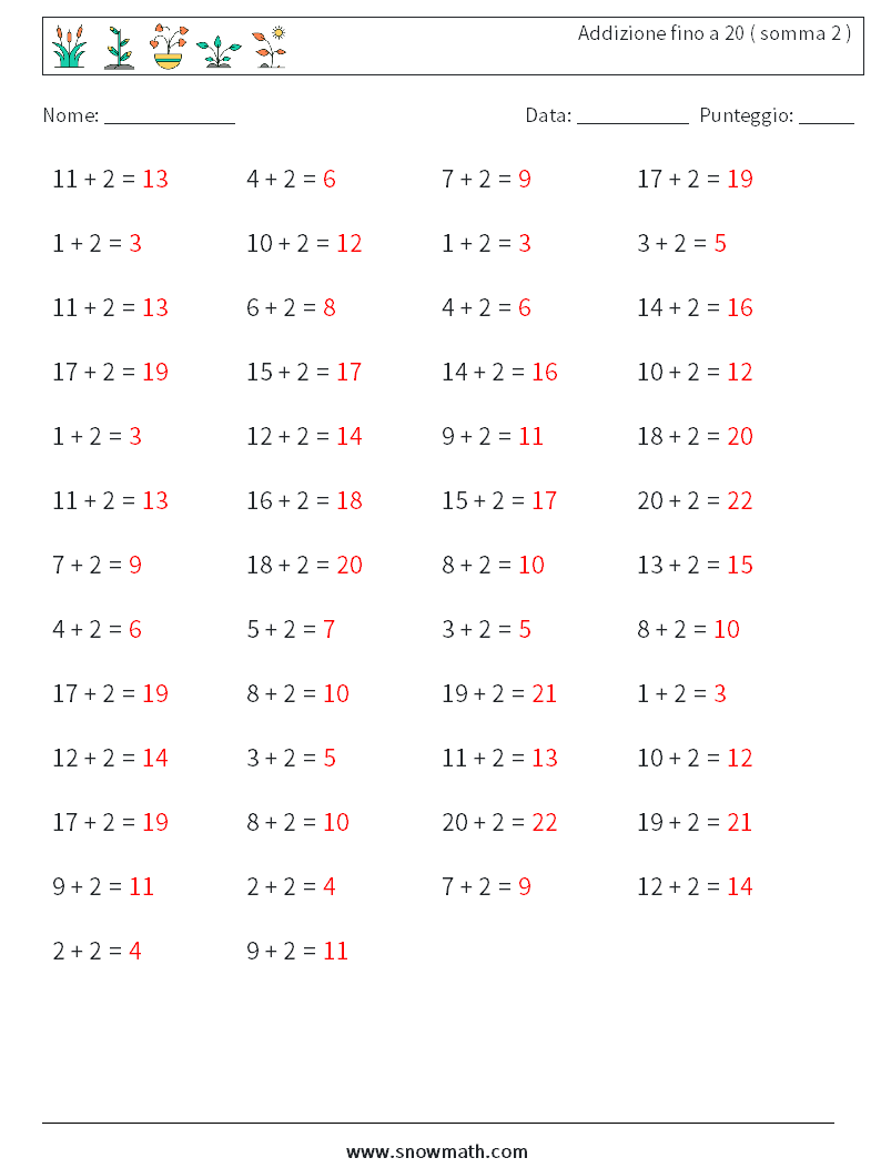 (50) Addizione fino a 20 ( somma 2 ) Fogli di lavoro di matematica 6 Domanda, Risposta