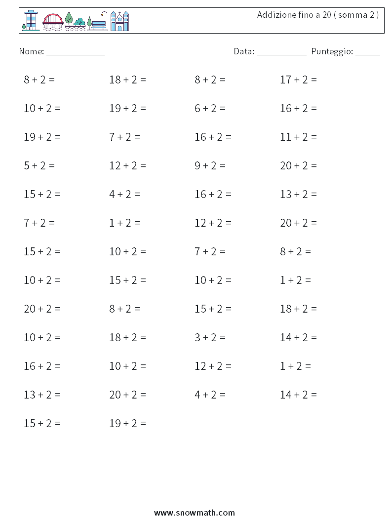 (50) Addizione fino a 20 ( somma 2 ) Fogli di lavoro di matematica 7