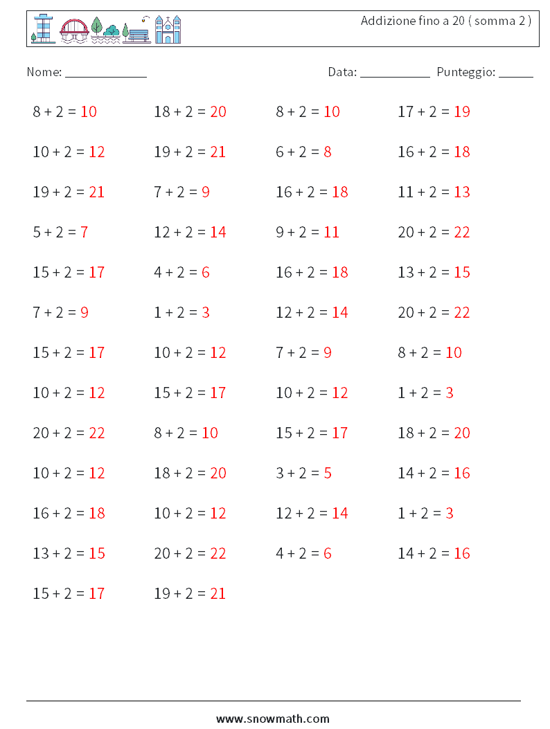(50) Addizione fino a 20 ( somma 2 ) Fogli di lavoro di matematica 7 Domanda, Risposta