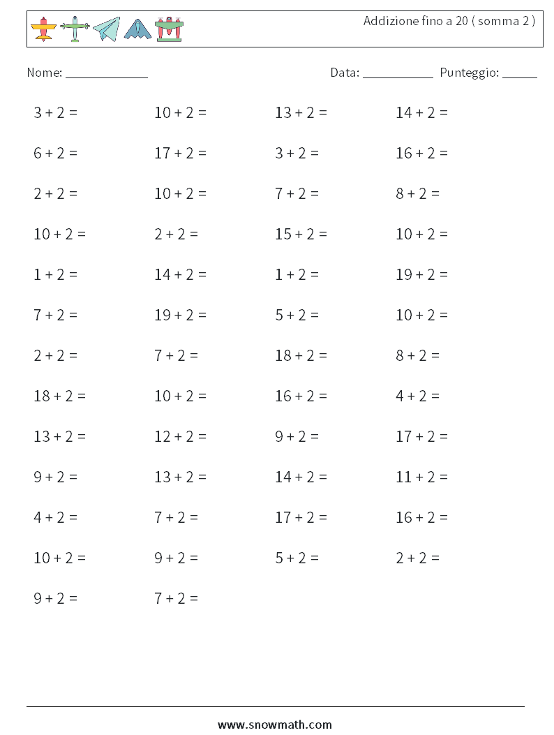 (50) Addizione fino a 20 ( somma 2 ) Fogli di lavoro di matematica 8