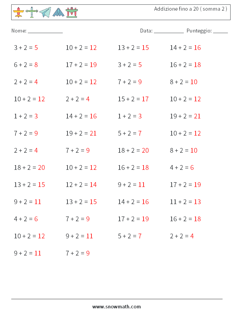 (50) Addizione fino a 20 ( somma 2 ) Fogli di lavoro di matematica 8 Domanda, Risposta