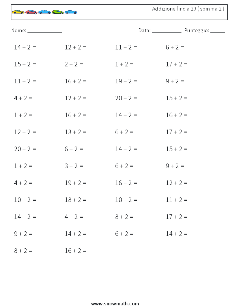 (50) Addizione fino a 20 ( somma 2 ) Fogli di lavoro di matematica 9