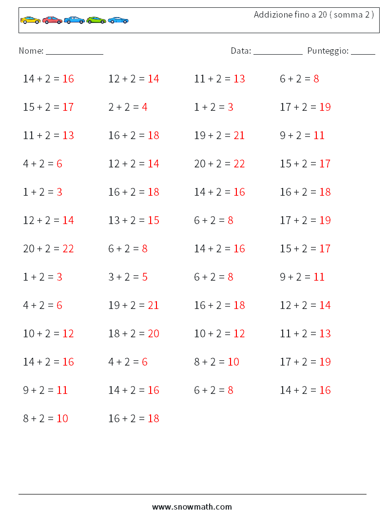 (50) Addizione fino a 20 ( somma 2 ) Fogli di lavoro di matematica 9 Domanda, Risposta