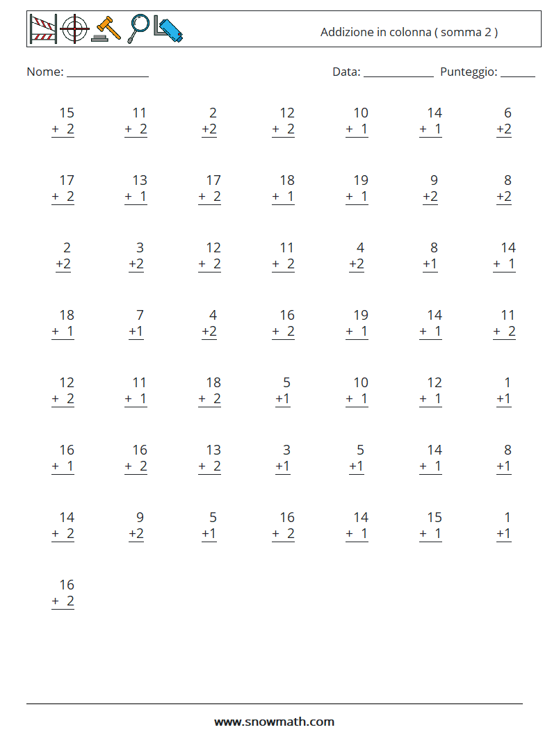 (50) Addizione in colonna ( somma 2 ) Fogli di lavoro di matematica 10