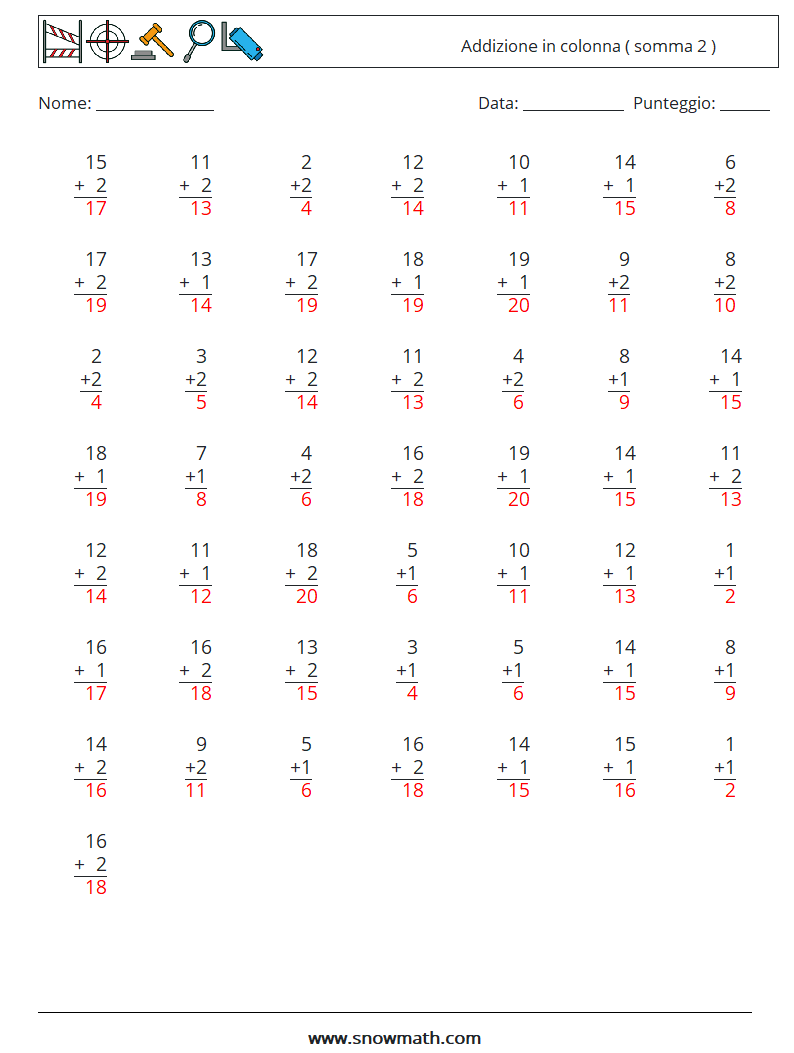 (50) Addizione in colonna ( somma 2 ) Fogli di lavoro di matematica 10 Domanda, Risposta
