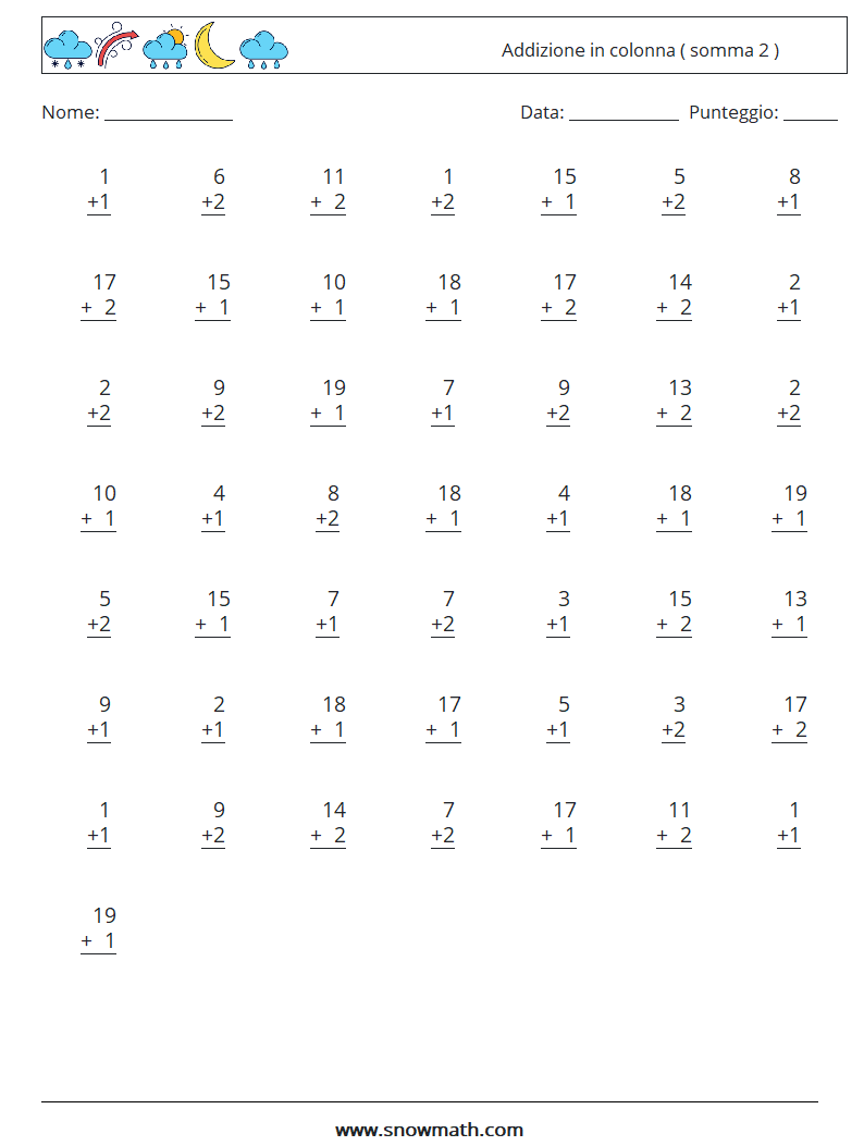 (50) Addizione in colonna ( somma 2 ) Fogli di lavoro di matematica 11