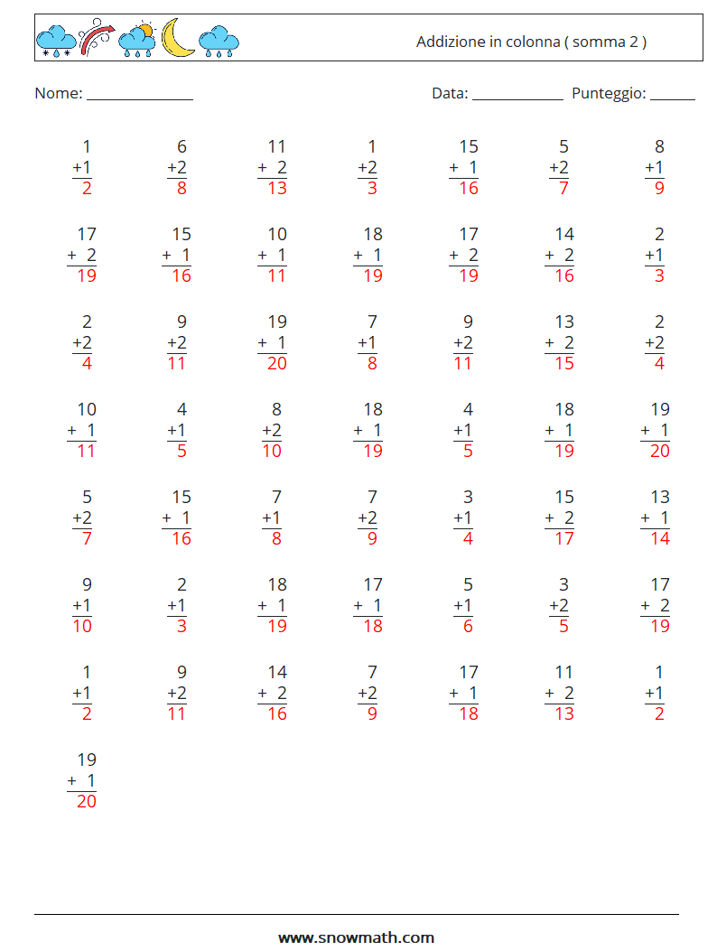 (50) Addizione in colonna ( somma 2 ) Fogli di lavoro di matematica 11 Domanda, Risposta