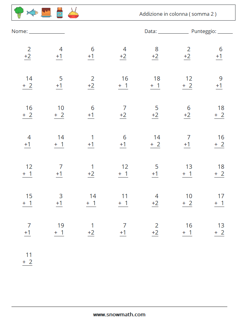 (50) Addizione in colonna ( somma 2 ) Fogli di lavoro di matematica 12