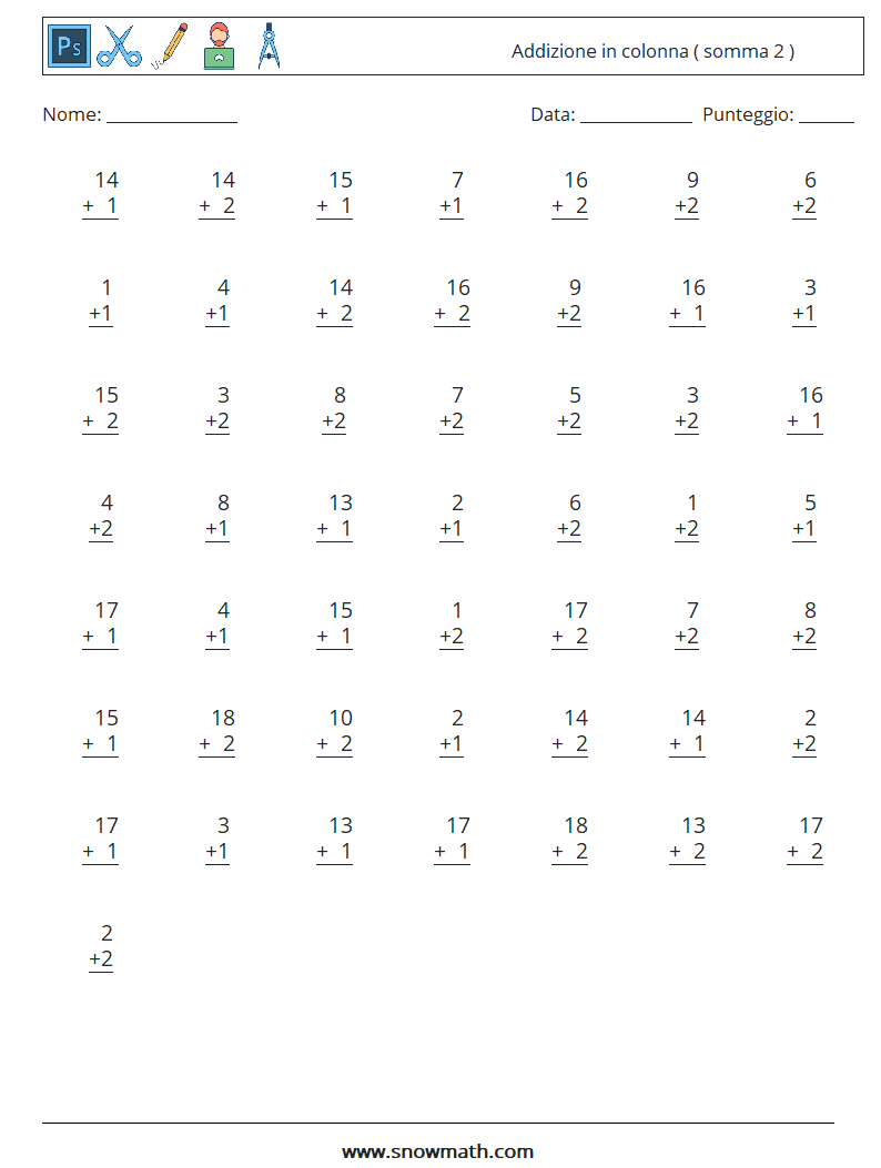 (50) Addizione in colonna ( somma 2 ) Fogli di lavoro di matematica 15