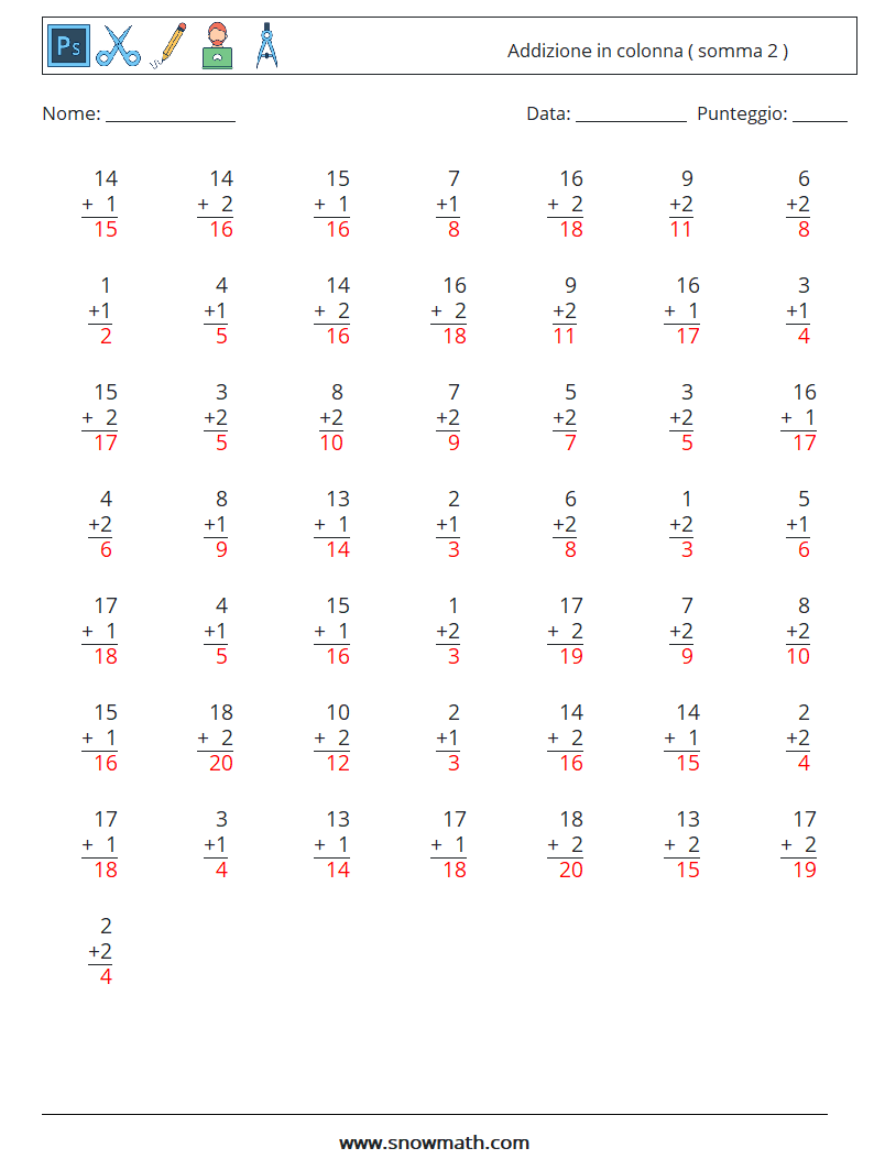 (50) Addizione in colonna ( somma 2 ) Fogli di lavoro di matematica 15 Domanda, Risposta