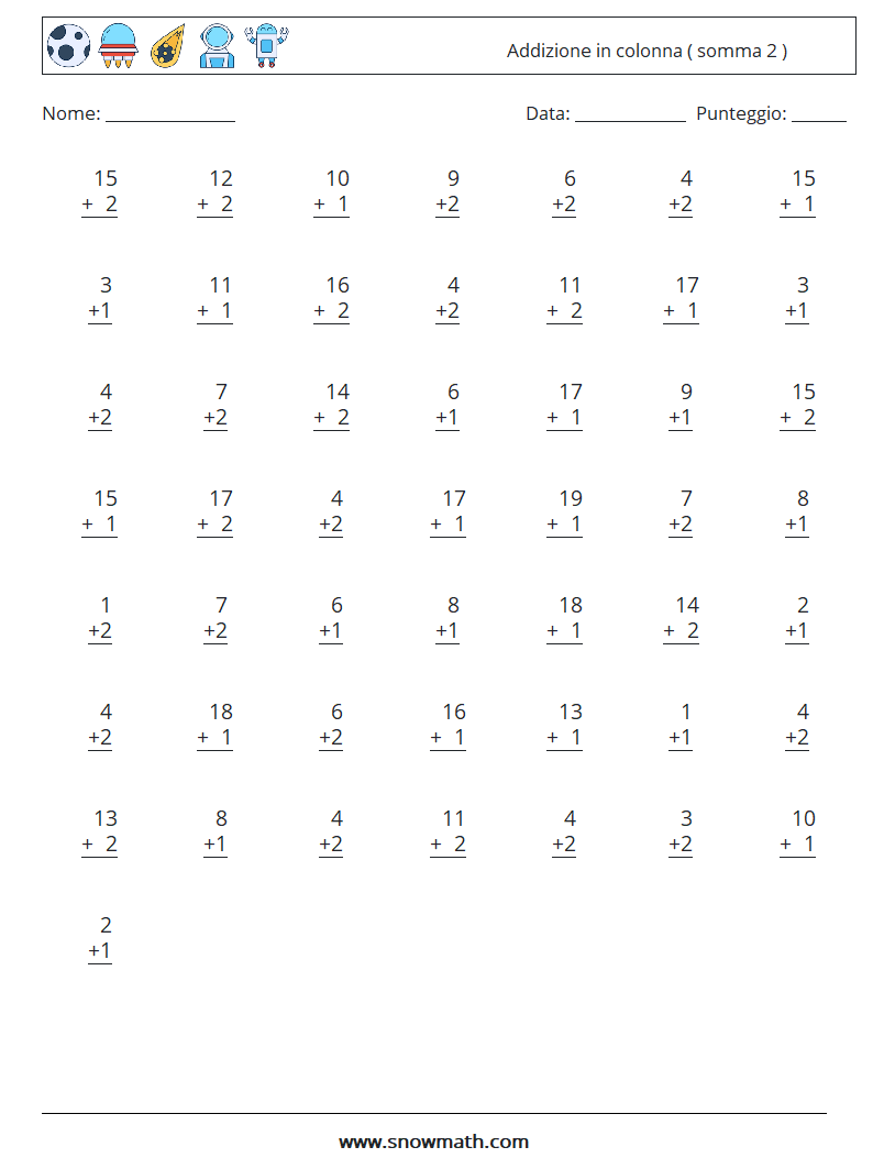(50) Addizione in colonna ( somma 2 ) Fogli di lavoro di matematica 16