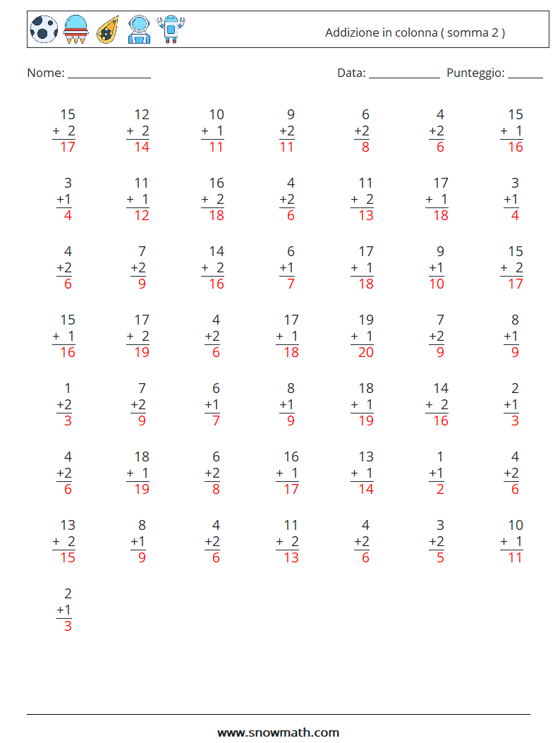 (50) Addizione in colonna ( somma 2 ) Fogli di lavoro di matematica 16 Domanda, Risposta