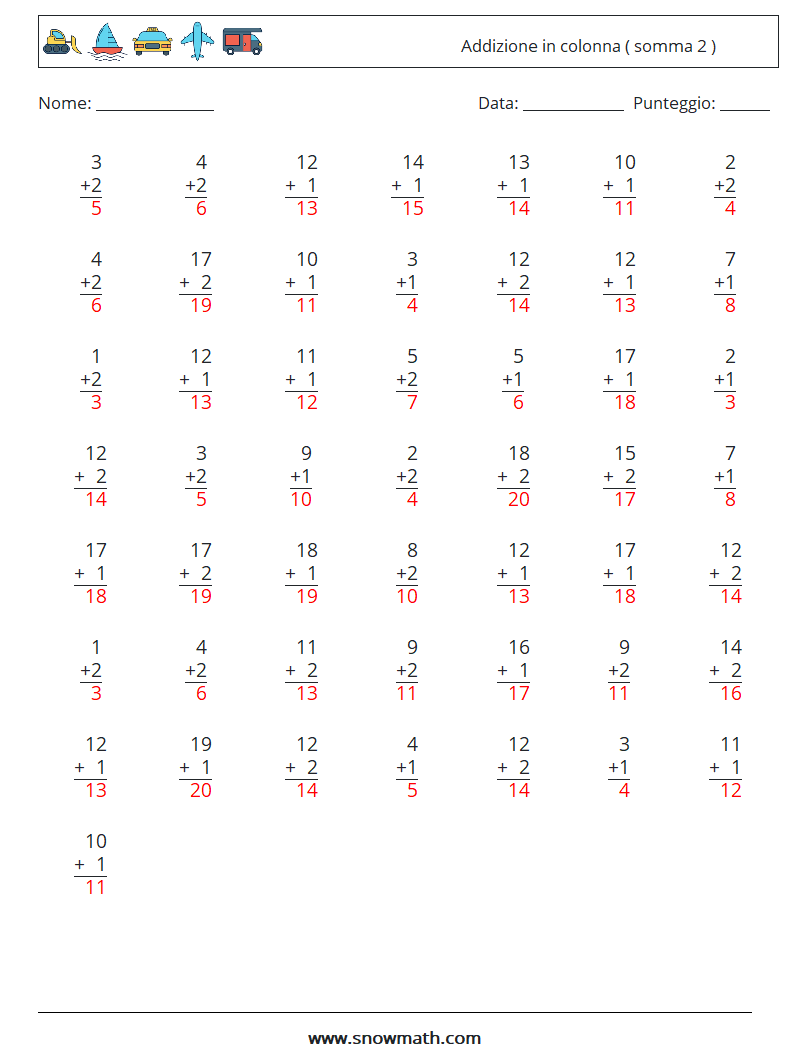 (50) Addizione in colonna ( somma 2 ) Fogli di lavoro di matematica 17 Domanda, Risposta