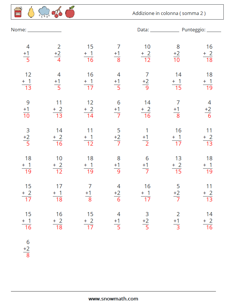 (50) Addizione in colonna ( somma 2 ) Fogli di lavoro di matematica 18 Domanda, Risposta