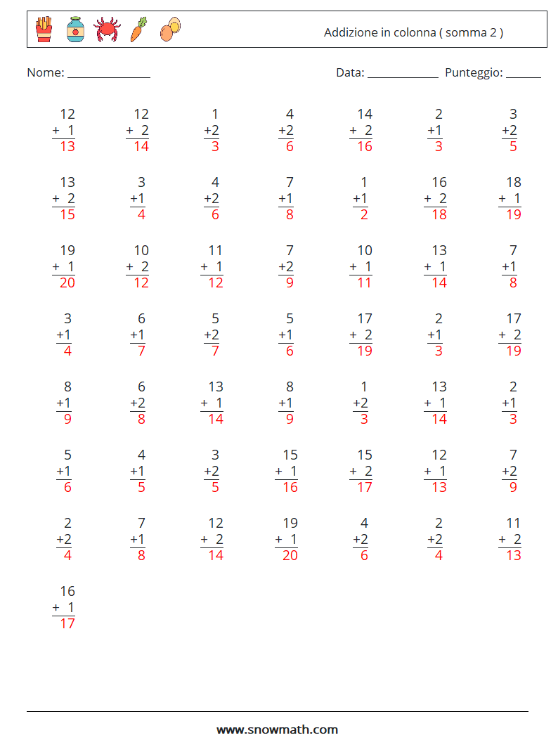 (50) Addizione in colonna ( somma 2 ) Fogli di lavoro di matematica 1 Domanda, Risposta