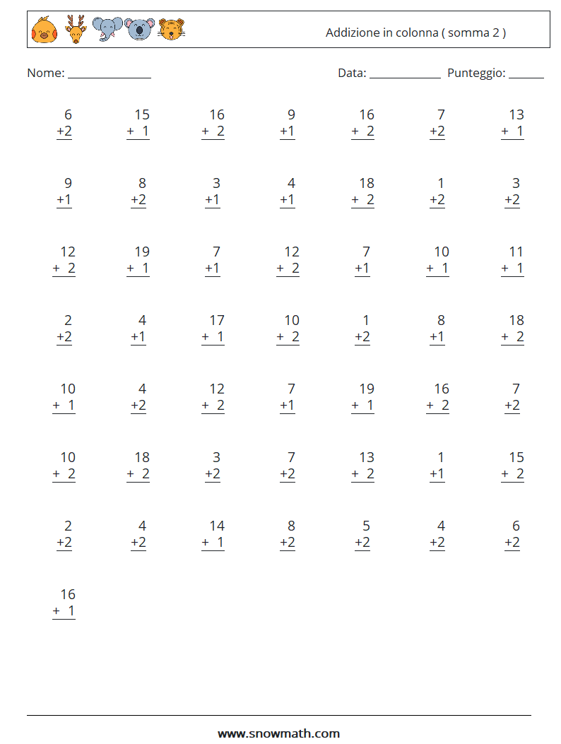 (50) Addizione in colonna ( somma 2 ) Fogli di lavoro di matematica 2