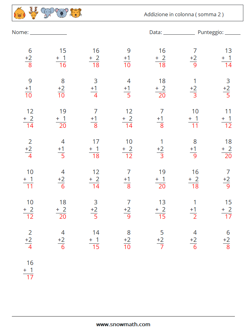 (50) Addizione in colonna ( somma 2 ) Fogli di lavoro di matematica 2 Domanda, Risposta