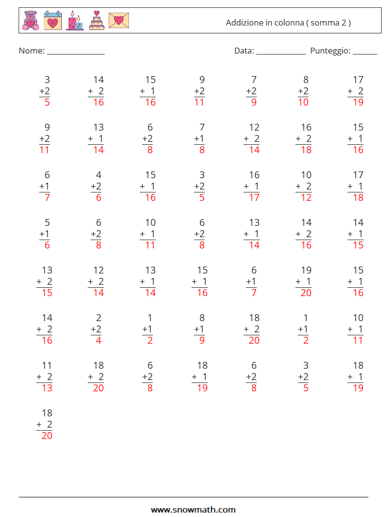 (50) Addizione in colonna ( somma 2 ) Fogli di lavoro di matematica 3 Domanda, Risposta