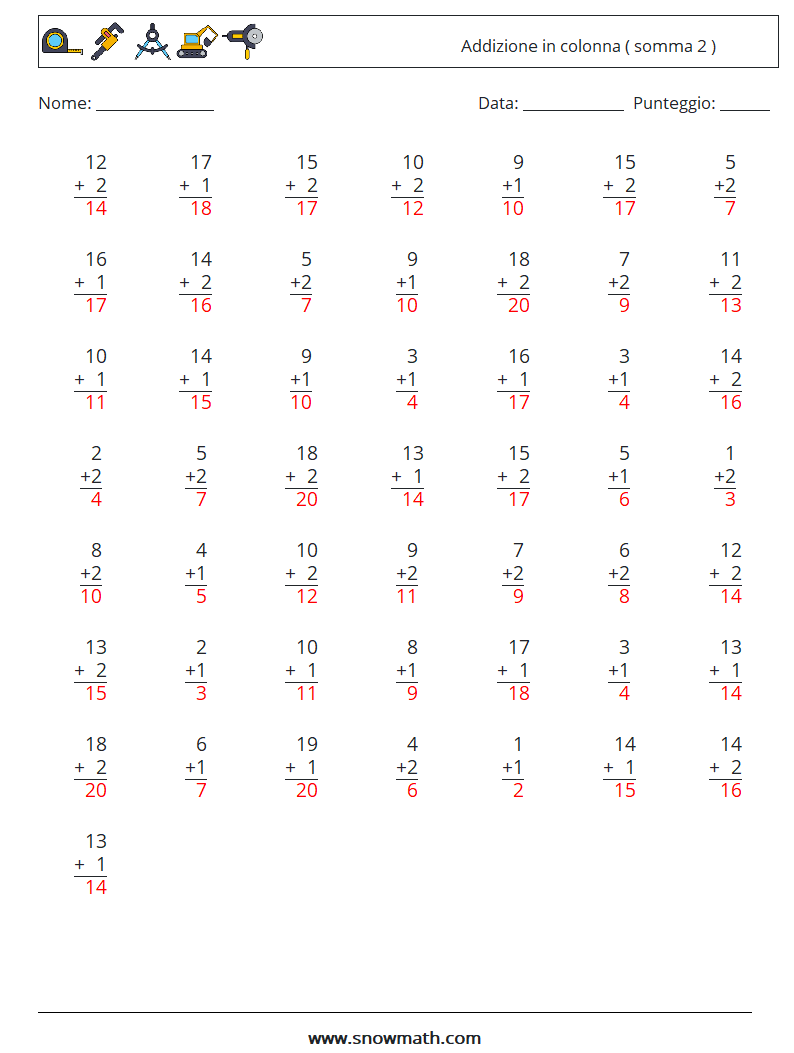 (50) Addizione in colonna ( somma 2 ) Fogli di lavoro di matematica 4 Domanda, Risposta