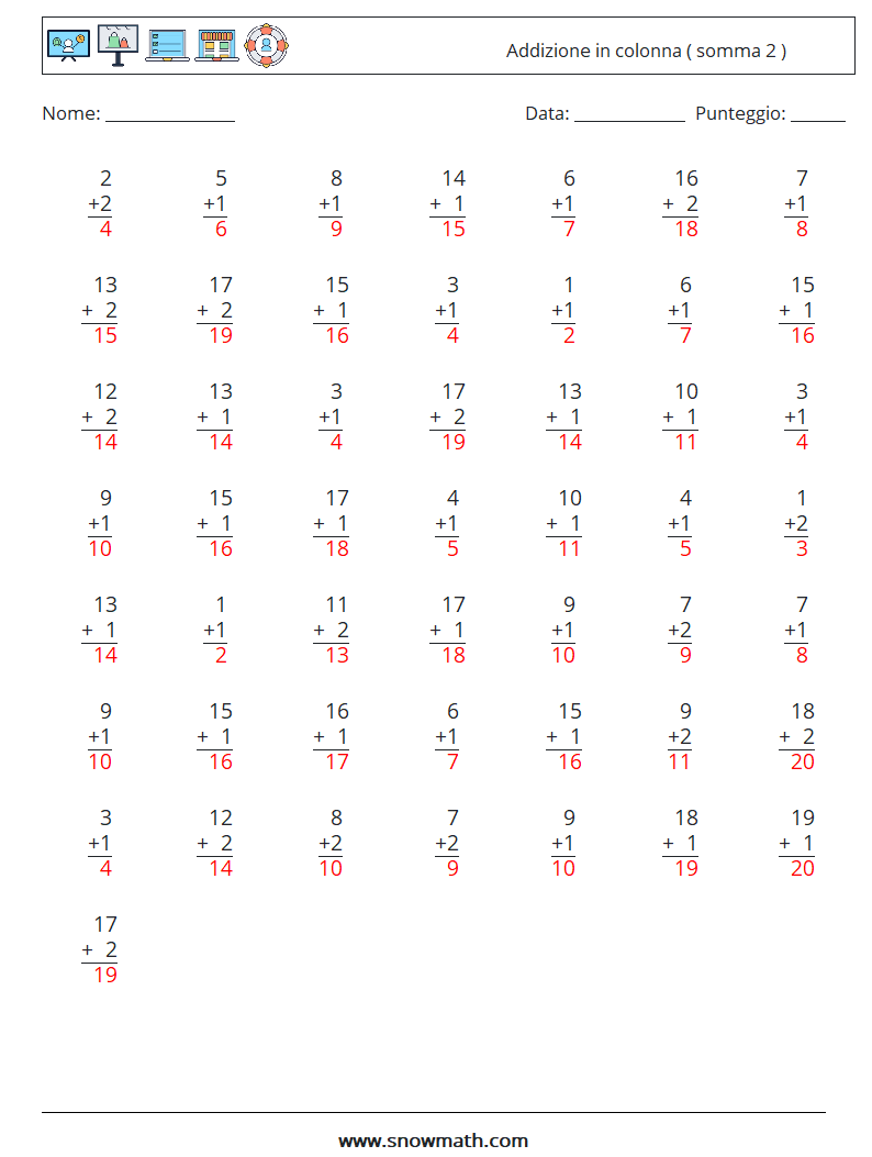 (50) Addizione in colonna ( somma 2 ) Fogli di lavoro di matematica 5 Domanda, Risposta