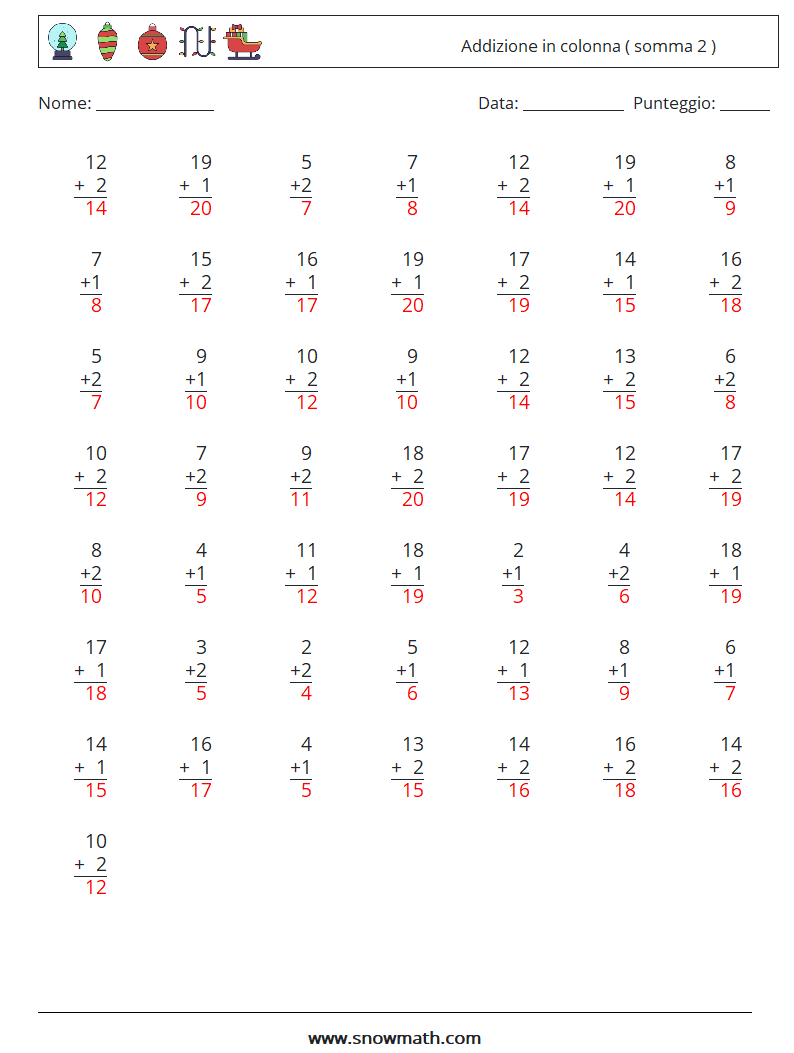 (50) Addizione in colonna ( somma 2 ) Fogli di lavoro di matematica 6 Domanda, Risposta