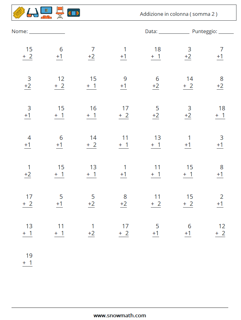 (50) Addizione in colonna ( somma 2 ) Fogli di lavoro di matematica 7