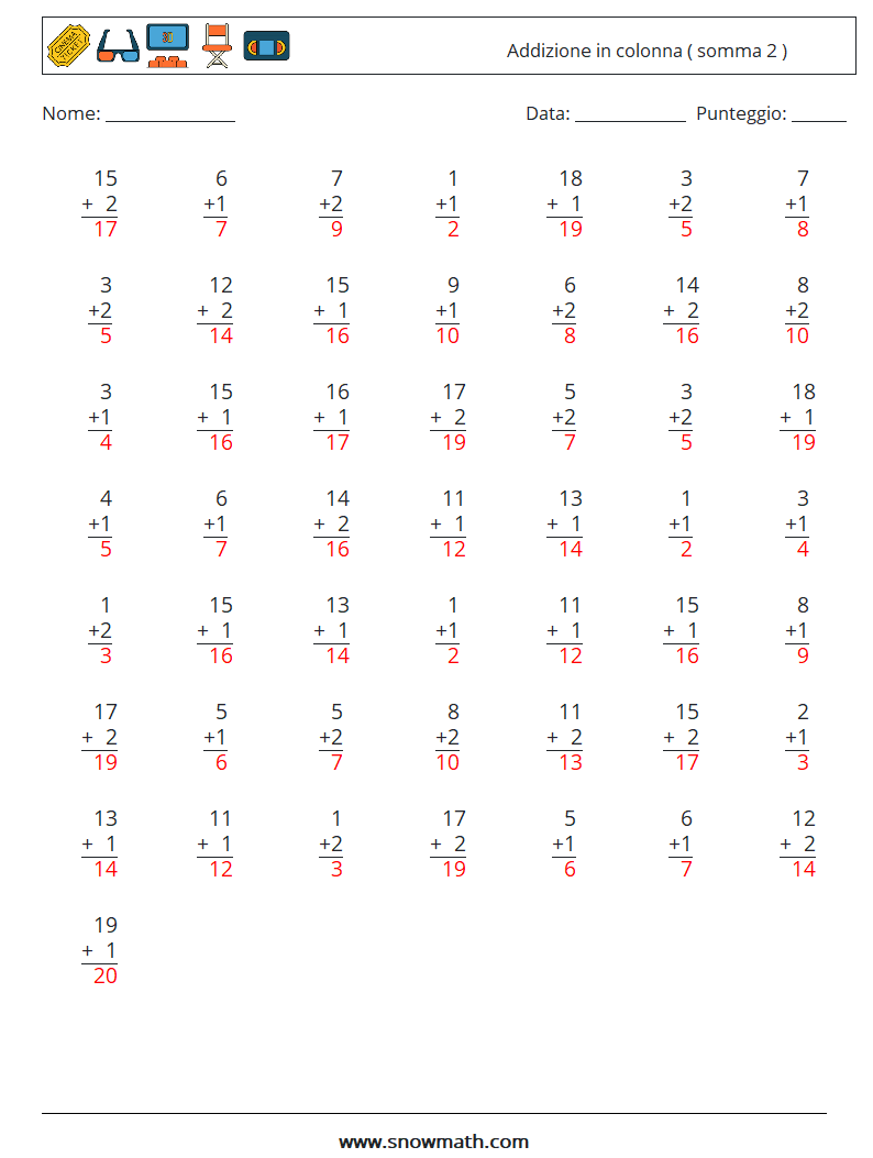 (50) Addizione in colonna ( somma 2 ) Fogli di lavoro di matematica 7 Domanda, Risposta