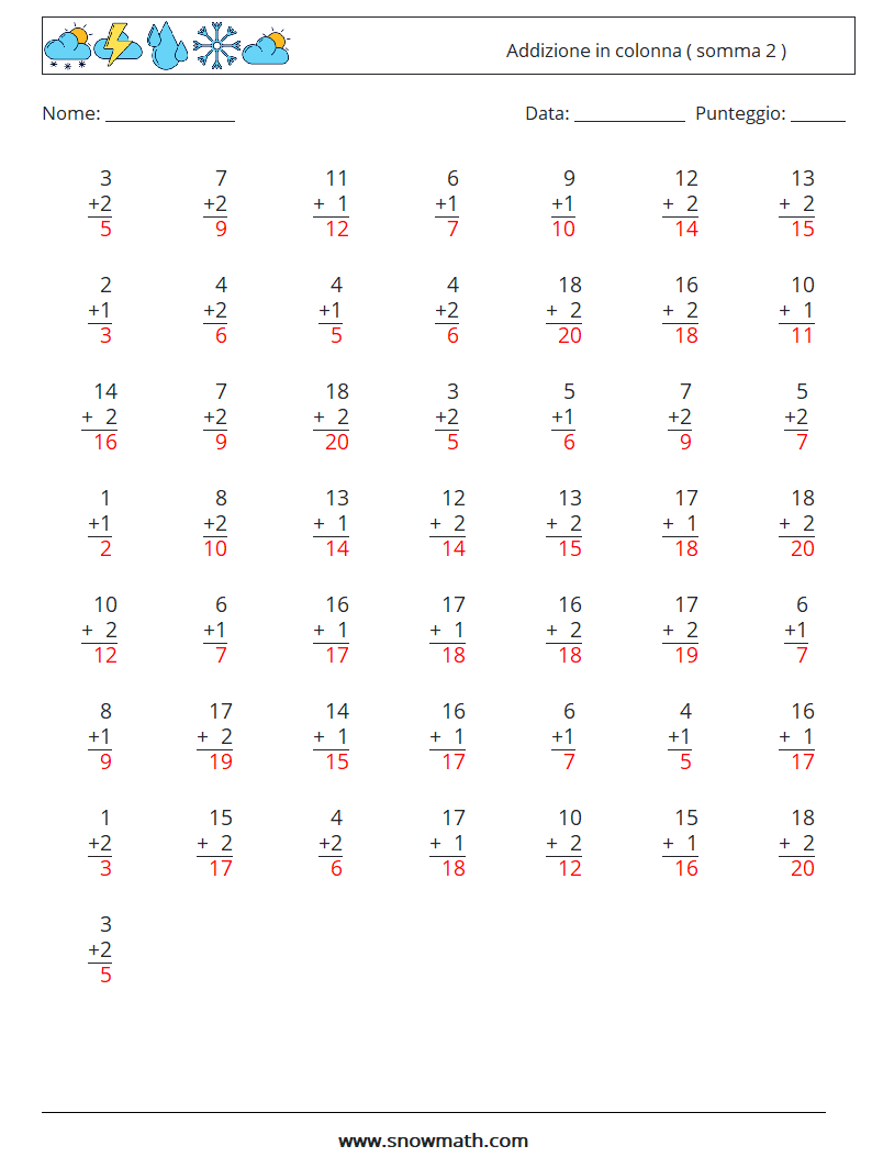 (50) Addizione in colonna ( somma 2 ) Fogli di lavoro di matematica 8 Domanda, Risposta