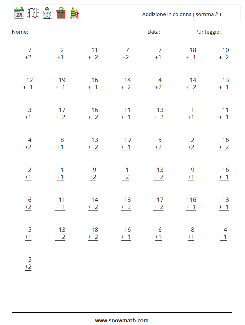 (50) Addizione in colonna ( somma 2 ) Fogli di lavoro di matematica 9