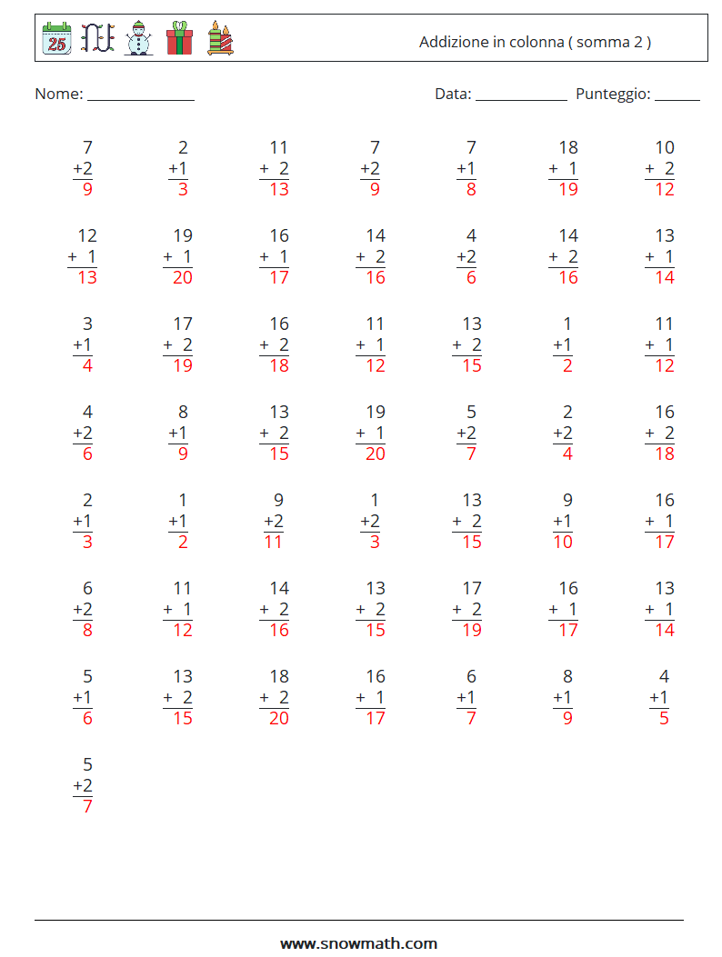(50) Addizione in colonna ( somma 2 ) Fogli di lavoro di matematica 9 Domanda, Risposta