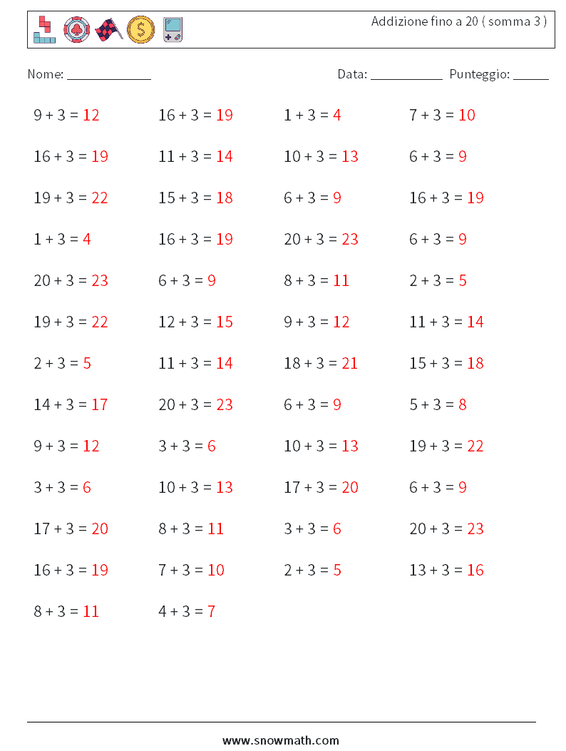 (50) Addizione fino a 20 ( somma 3 ) Fogli di lavoro di matematica 1 Domanda, Risposta