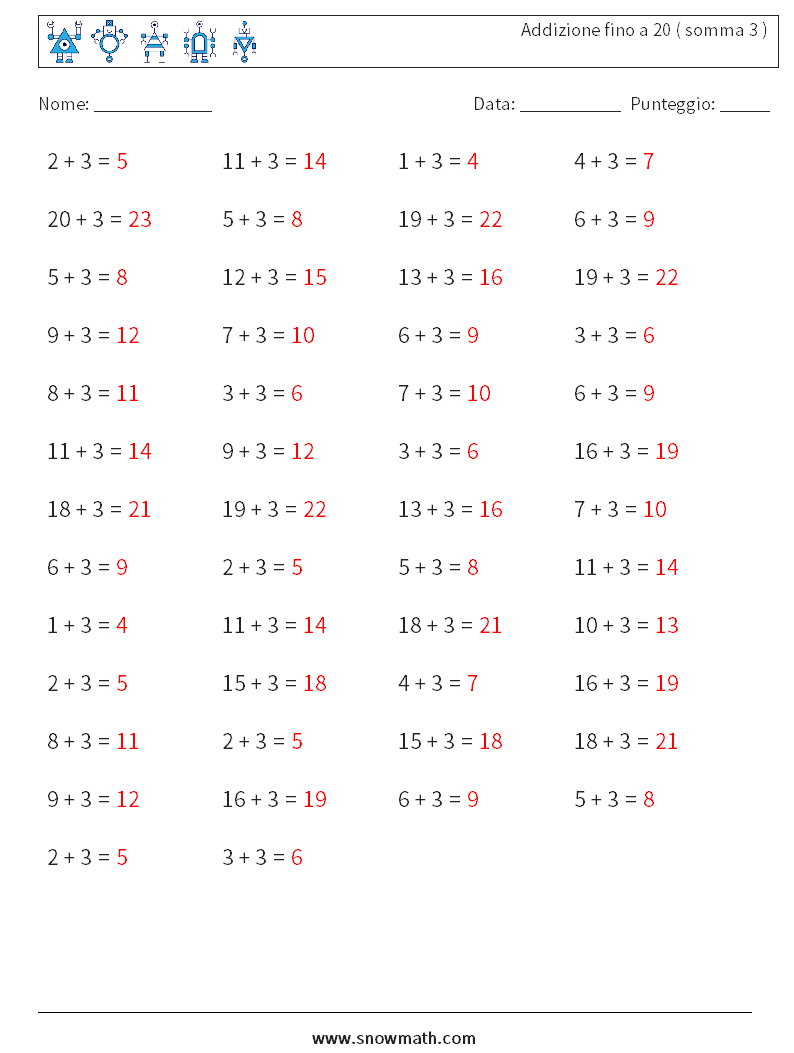(50) Addizione fino a 20 ( somma 3 ) Fogli di lavoro di matematica 2 Domanda, Risposta
