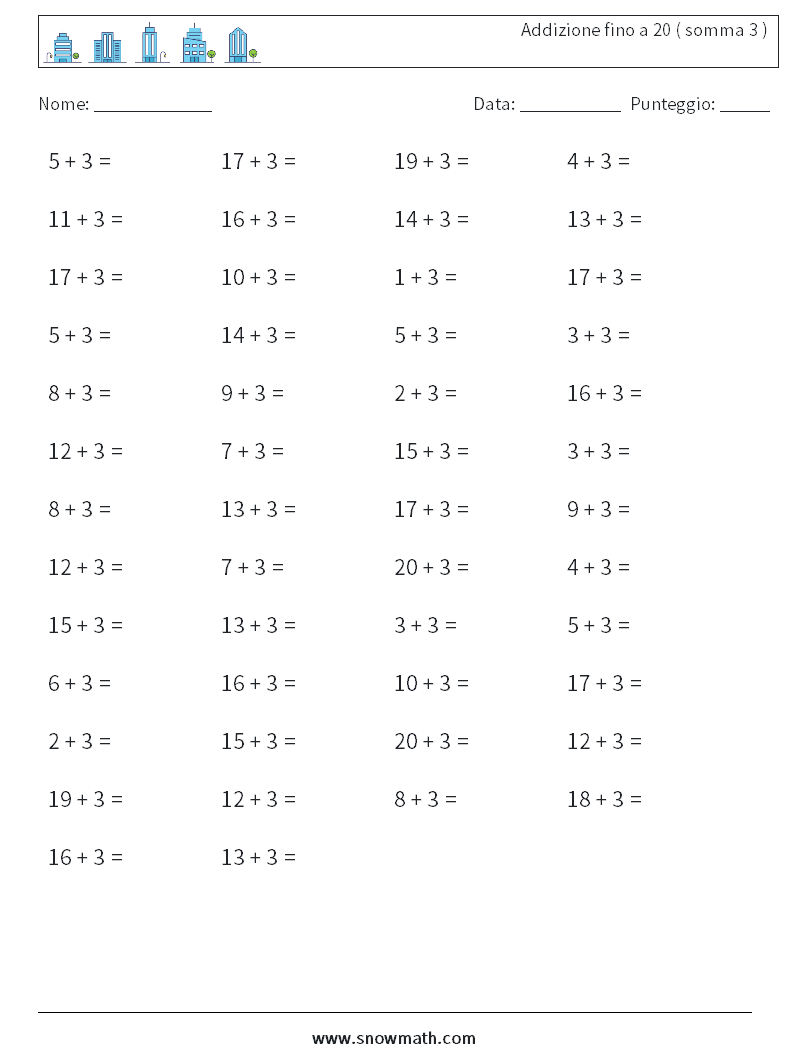 (50) Addizione fino a 20 ( somma 3 ) Fogli di lavoro di matematica 3