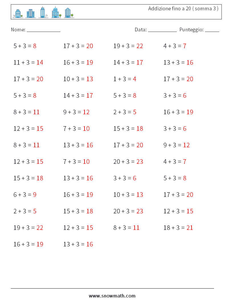 (50) Addizione fino a 20 ( somma 3 ) Fogli di lavoro di matematica 3 Domanda, Risposta