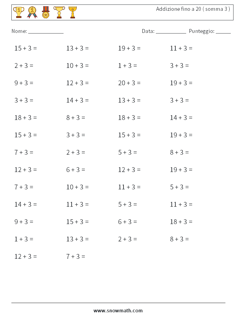 (50) Addizione fino a 20 ( somma 3 ) Fogli di lavoro di matematica 4
