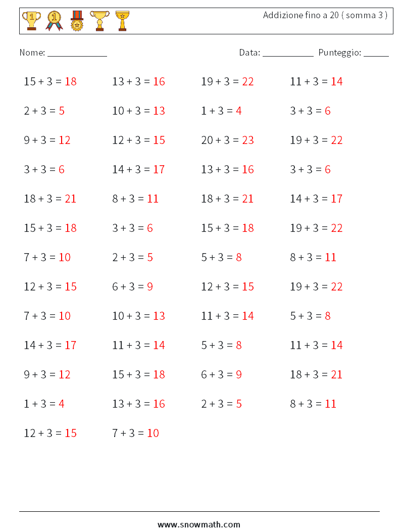 (50) Addizione fino a 20 ( somma 3 ) Fogli di lavoro di matematica 4 Domanda, Risposta