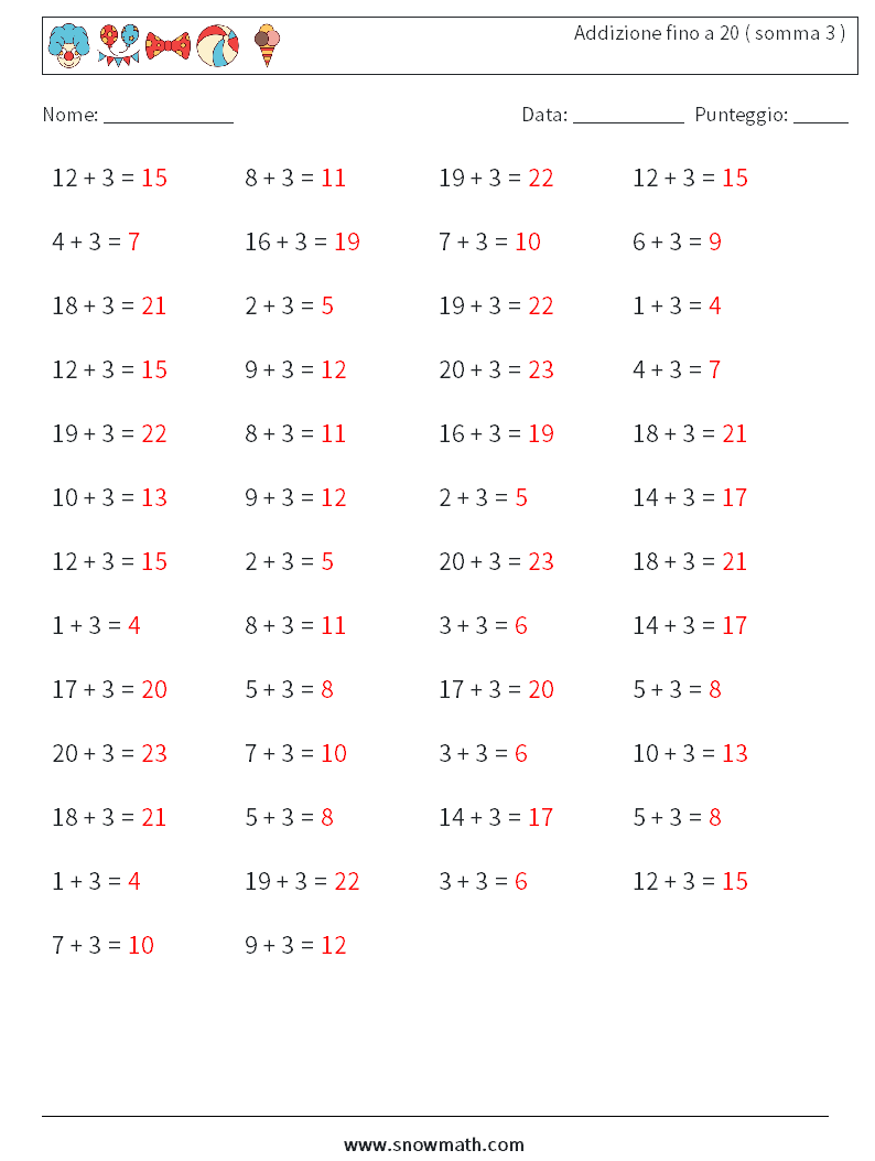 (50) Addizione fino a 20 ( somma 3 ) Fogli di lavoro di matematica 5 Domanda, Risposta