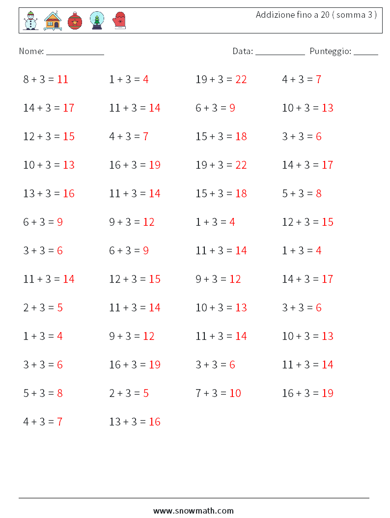 (50) Addizione fino a 20 ( somma 3 ) Fogli di lavoro di matematica 6 Domanda, Risposta