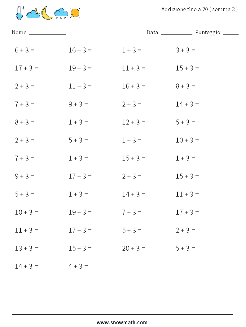 (50) Addizione fino a 20 ( somma 3 ) Fogli di lavoro di matematica 7