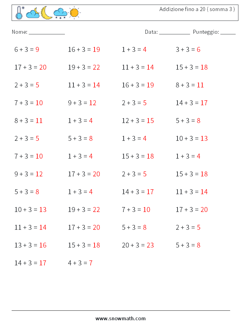 (50) Addizione fino a 20 ( somma 3 ) Fogli di lavoro di matematica 7 Domanda, Risposta