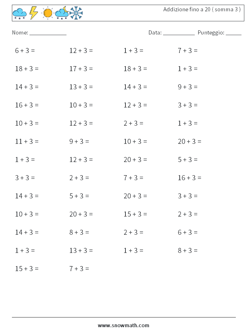 (50) Addizione fino a 20 ( somma 3 ) Fogli di lavoro di matematica 8