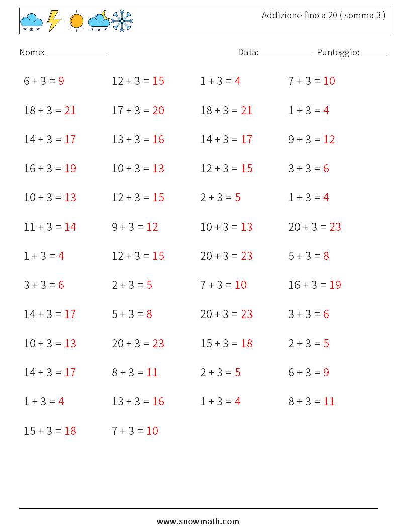 (50) Addizione fino a 20 ( somma 3 ) Fogli di lavoro di matematica 8 Domanda, Risposta