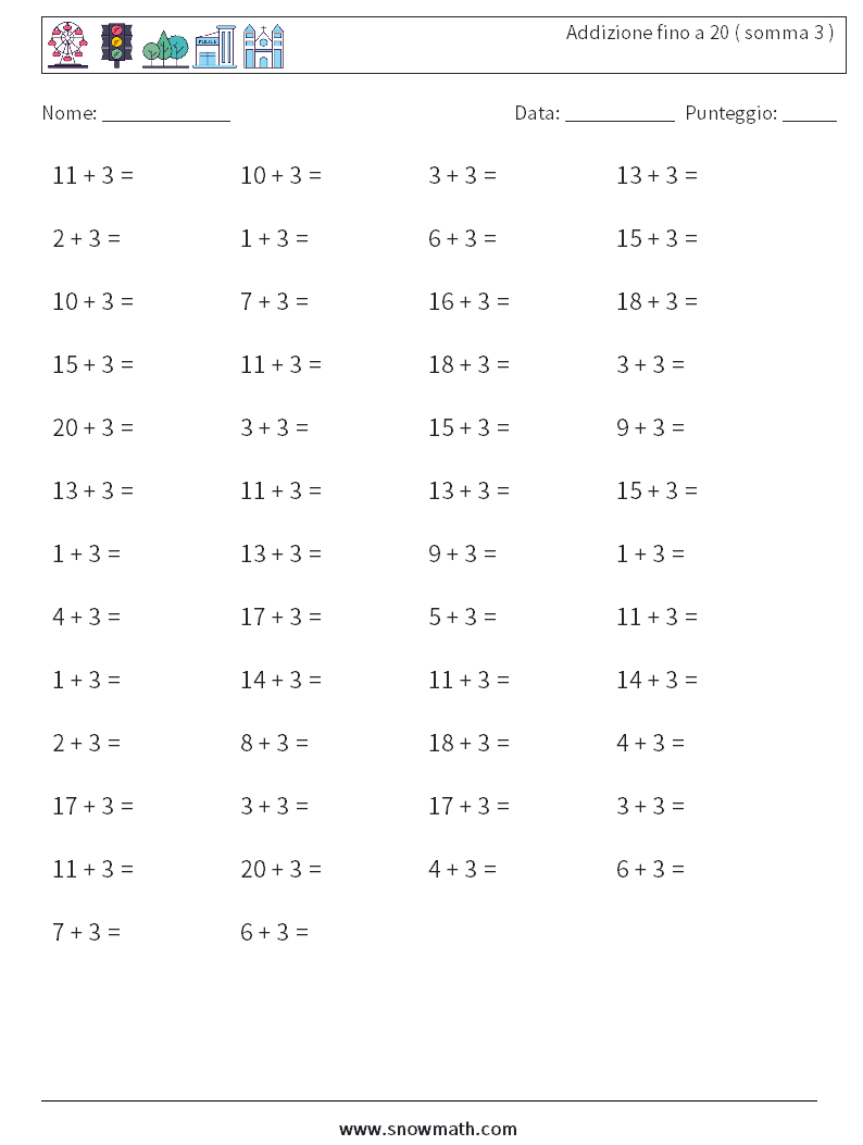(50) Addizione fino a 20 ( somma 3 ) Fogli di lavoro di matematica 9
