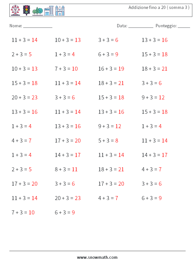 (50) Addizione fino a 20 ( somma 3 ) Fogli di lavoro di matematica 9 Domanda, Risposta