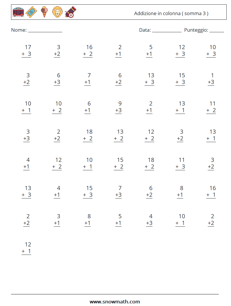 (50) Addizione in colonna ( somma 3 ) Fogli di lavoro di matematica 11