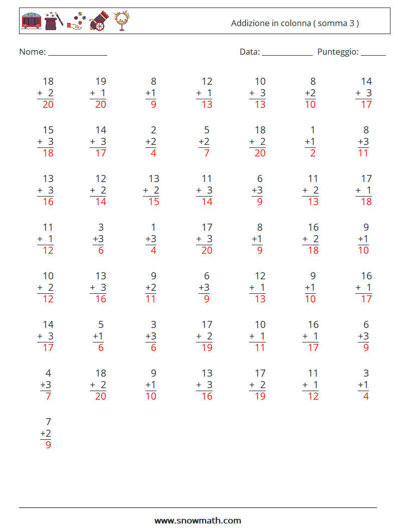 (50) Addizione in colonna ( somma 3 ) Fogli di lavoro di matematica 12 Domanda, Risposta